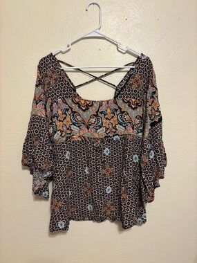 Boho Paisley Peasant Top XL Haute Project Crisscross Back Festival Blouse
